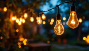 A photograph of a beautifully lit outdoor space adorned with string lights