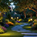 A photograph of a beautifully illuminated outdoor garden scene at dusk