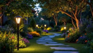 A photograph of a beautifully illuminated outdoor garden scene at dusk
