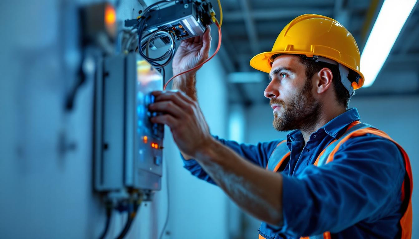 A photograph of a lighting contractor installing or working with an electric box in a well-lit space