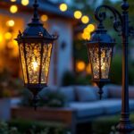 A photograph of a beautifully designed cast iron outdoor light fixture illuminated at dusk