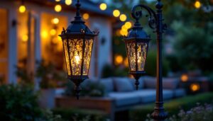 A photograph of a beautifully designed cast iron outdoor light fixture illuminated at dusk