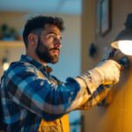 A photograph of a skilled lighting contractor in action