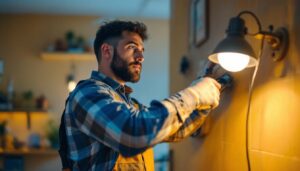 A photograph of a skilled lighting contractor in action