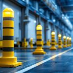 A photograph of a well-lit warehouse setting featuring robust safety bollards strategically placed around loading docks and walkways