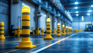 A photograph of a well-lit warehouse setting featuring robust safety bollards strategically placed around loading docks and walkways
