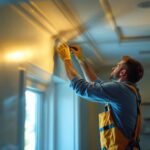 A photograph of a skilled lighting contractor meticulously installing an elegant light fixture molding in a beautifully lit room