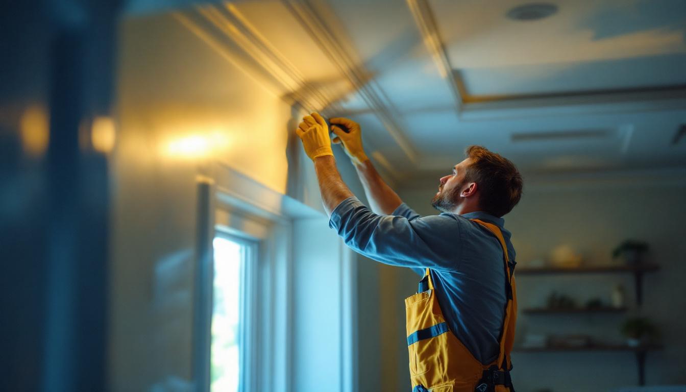 A photograph of a skilled lighting contractor meticulously installing an elegant light fixture molding in a beautifully lit room