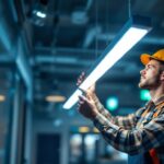 A photograph of a lighting contractor installing or showcasing a sleek linear led lamp in a modern commercial space