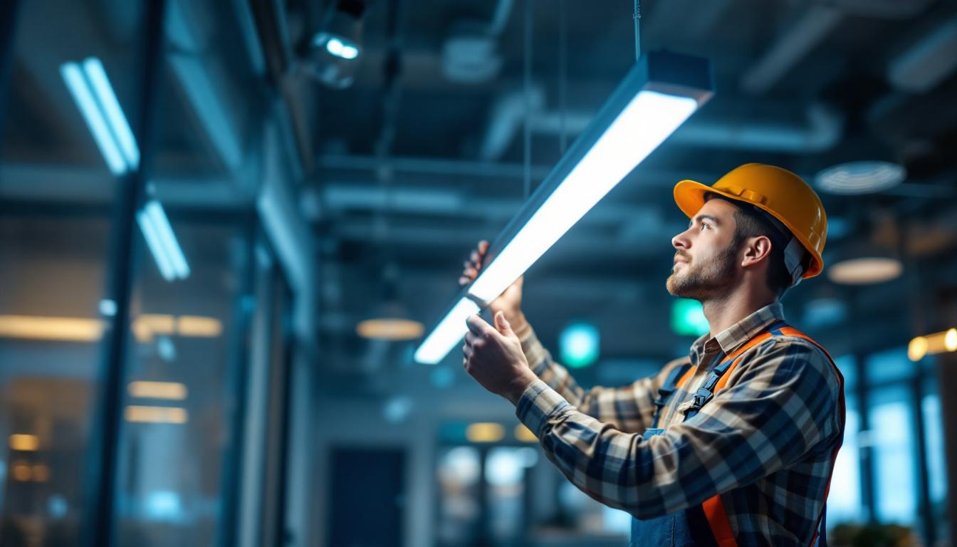 A photograph of a lighting contractor installing or showcasing a sleek linear led lamp in a modern commercial space