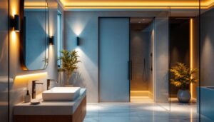 A photograph of a beautifully designed bathroom featuring recessed lighting that highlights the space's elegance