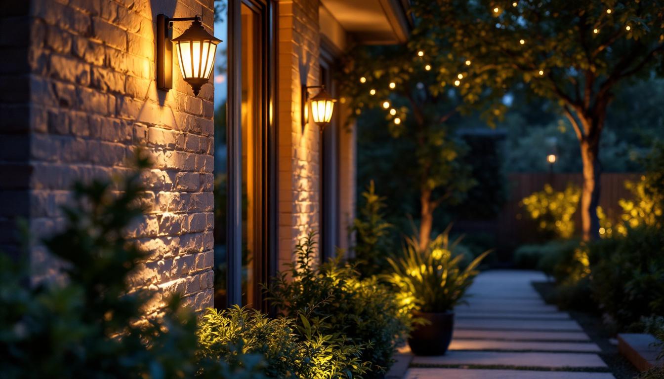 A photograph of a beautifully lit outdoor space featuring dusk to dawn sconces illuminating a pathway or patio