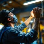 A photograph of a dynamic lighting contractor in action