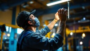 A photograph of a dynamic lighting contractor in action