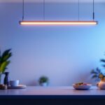 A photograph of a stylish pendant light tube hanging in a modern interior setting