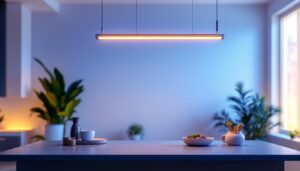 A photograph of a stylish pendant light tube hanging in a modern interior setting