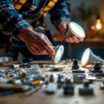 A photograph of a lighting contractor actively repairing a fixture in a residential or commercial setting