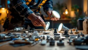 A photograph of a lighting contractor actively repairing a fixture in a residential or commercial setting