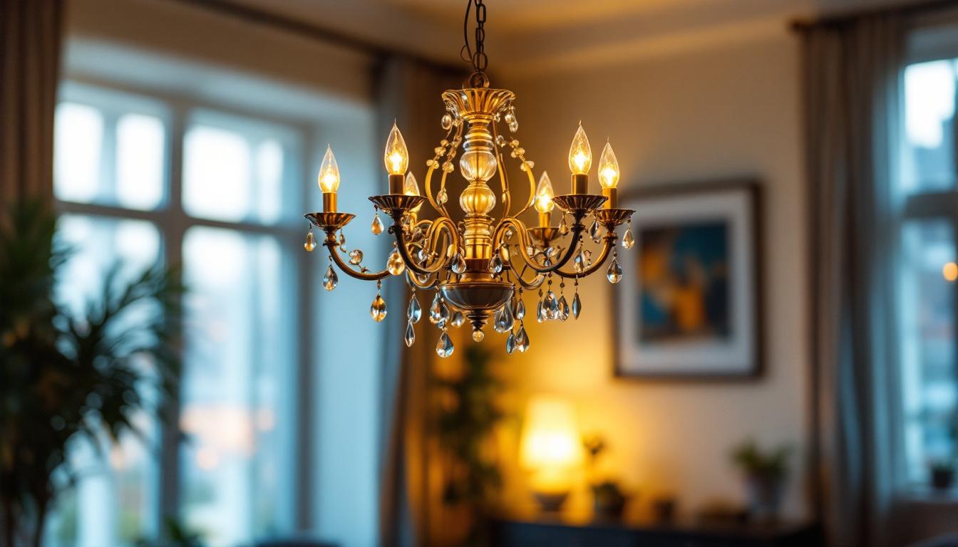A photograph of a beautifully designed chandelier hanging elegantly in a well-lit room