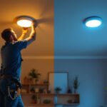 A photograph of a lighting contractor installing both 4-inch and 6-inch recessed lights in a modern home setting