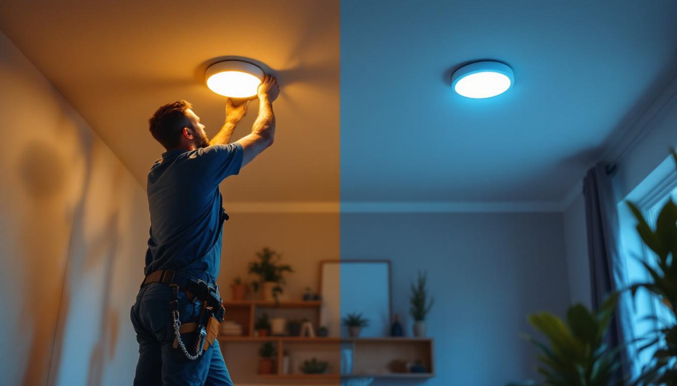 A photograph of a lighting contractor installing both 4-inch and 6-inch recessed lights in a modern home setting