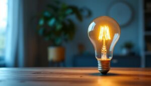 A photograph of a b-c32 light bulb in a stylish home setting