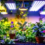A photograph of a vibrant indoor garden scene featuring various plants under an array of affordable led grow lights