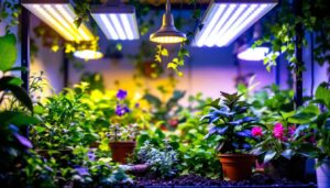 A photograph of a vibrant indoor garden scene featuring various plants under an array of affordable led grow lights