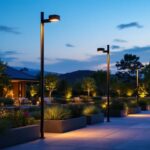 A photograph of a well-lit outdoor space showcasing various vertical outdoor lights in use