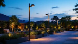 A photograph of a well-lit outdoor space showcasing various vertical outdoor lights in use