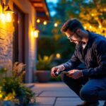 A photograph of a lighting professional inspecting or installing outdoor light sockets in a beautifully landscaped garden or patio setting