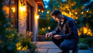 A photograph of a lighting professional inspecting or installing outdoor light sockets in a beautifully landscaped garden or patio setting
