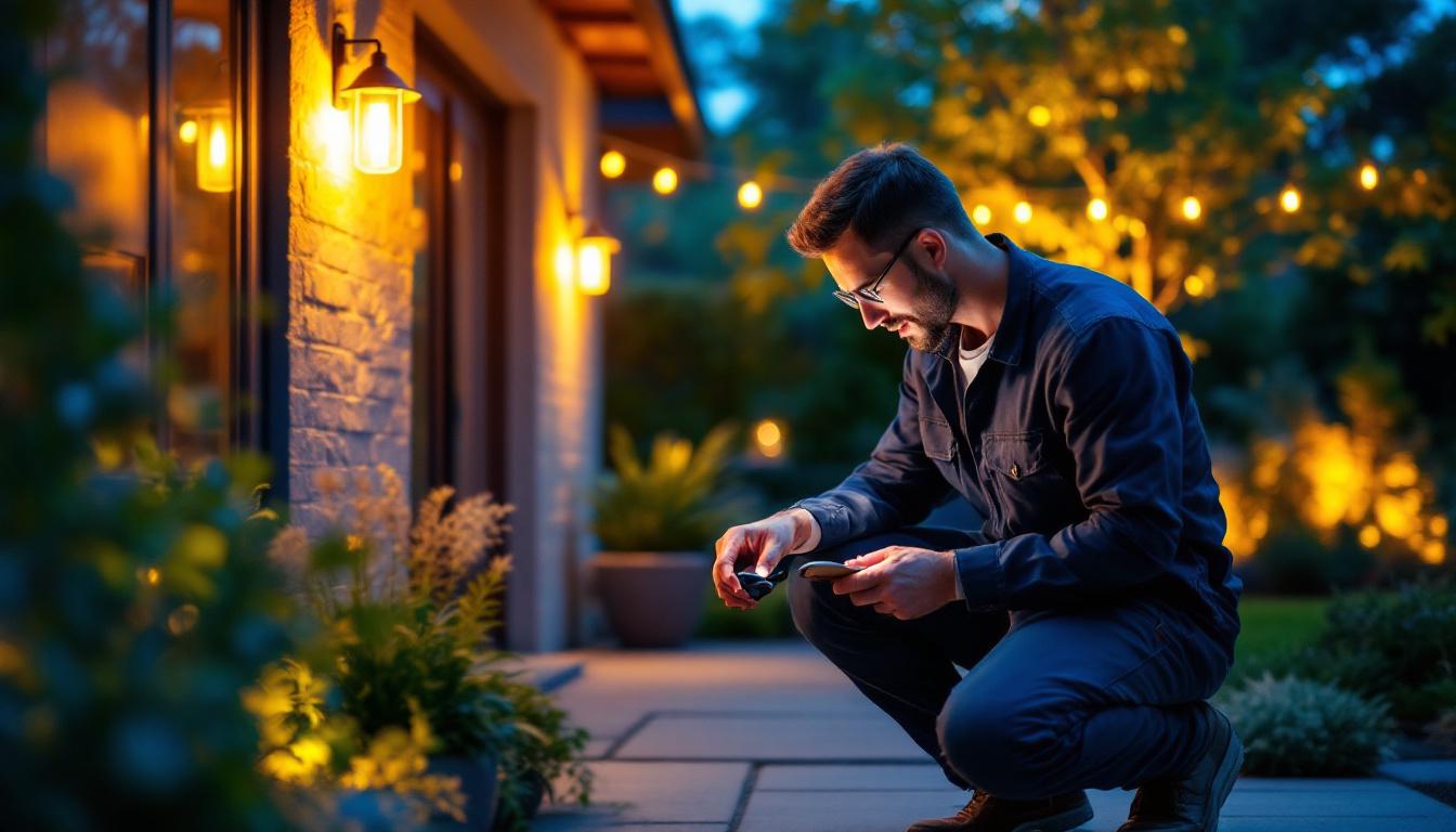 A photograph of a lighting professional inspecting or installing outdoor light sockets in a beautifully landscaped garden or patio setting