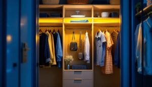 A photograph of a stylishly designed led pull chain closet light in an elegantly organized closet setting