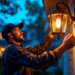 A photograph of a lighting contractor installing or adjusting an outside lantern light in a residential or commercial setting