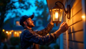 A photograph of a lighting contractor installing or adjusting an outside lantern light in a residential or commercial setting