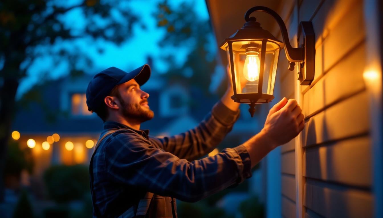 A photograph of a lighting contractor installing or adjusting an outside lantern light in a residential or commercial setting
