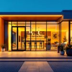 A photograph of a vibrant commercial exterior illuminated by innovative lighting solutions at dusk
