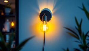A photograph of a stylish light bulb wall sconce illuminated in a modern interior setting