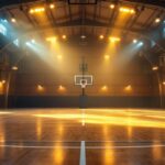A photograph of a well-lit indoor barn basketball court showcasing vibrant lighting fixtures