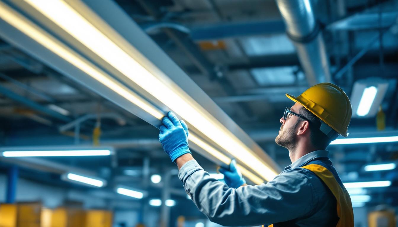 A photograph of a lighting contractor installing or showcasing 8ft fluorescent lights in a commercial or industrial setting