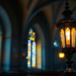 A photograph of an antique church lamp illuminated in a dimly lit