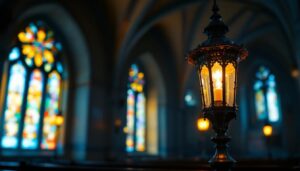 A photograph of an antique church lamp illuminated in a dimly lit