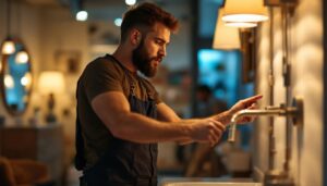A photograph of a lighting contractor examining a stylish vanity lamp in a well-lit showroom