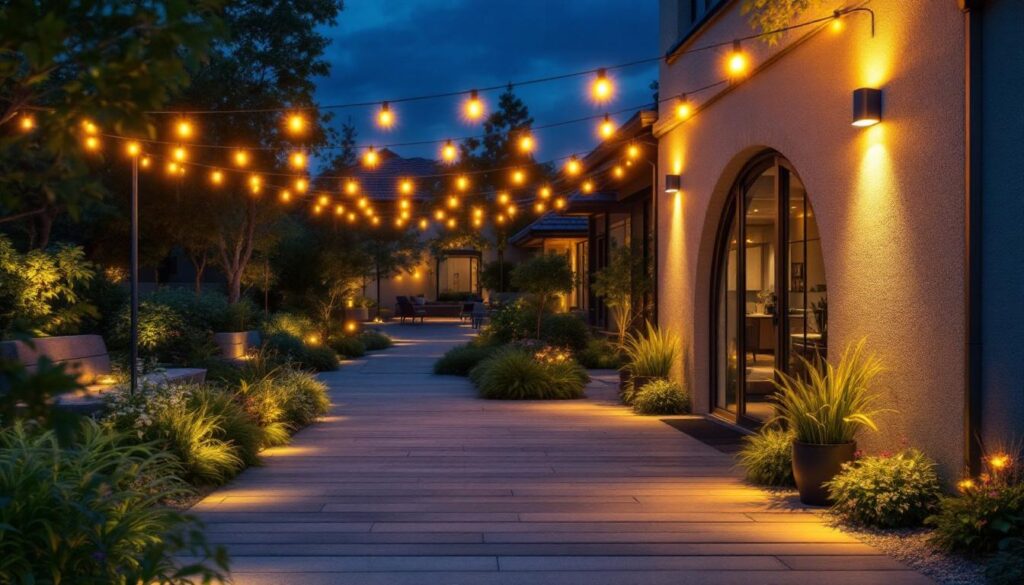 A photograph of a well-lit outdoor space showcasing various types of photocell lighting installations in action