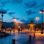 A photograph of a beautifully illuminated outdoor arena at dusk
