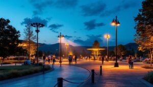 A photograph of a beautifully illuminated outdoor arena at dusk