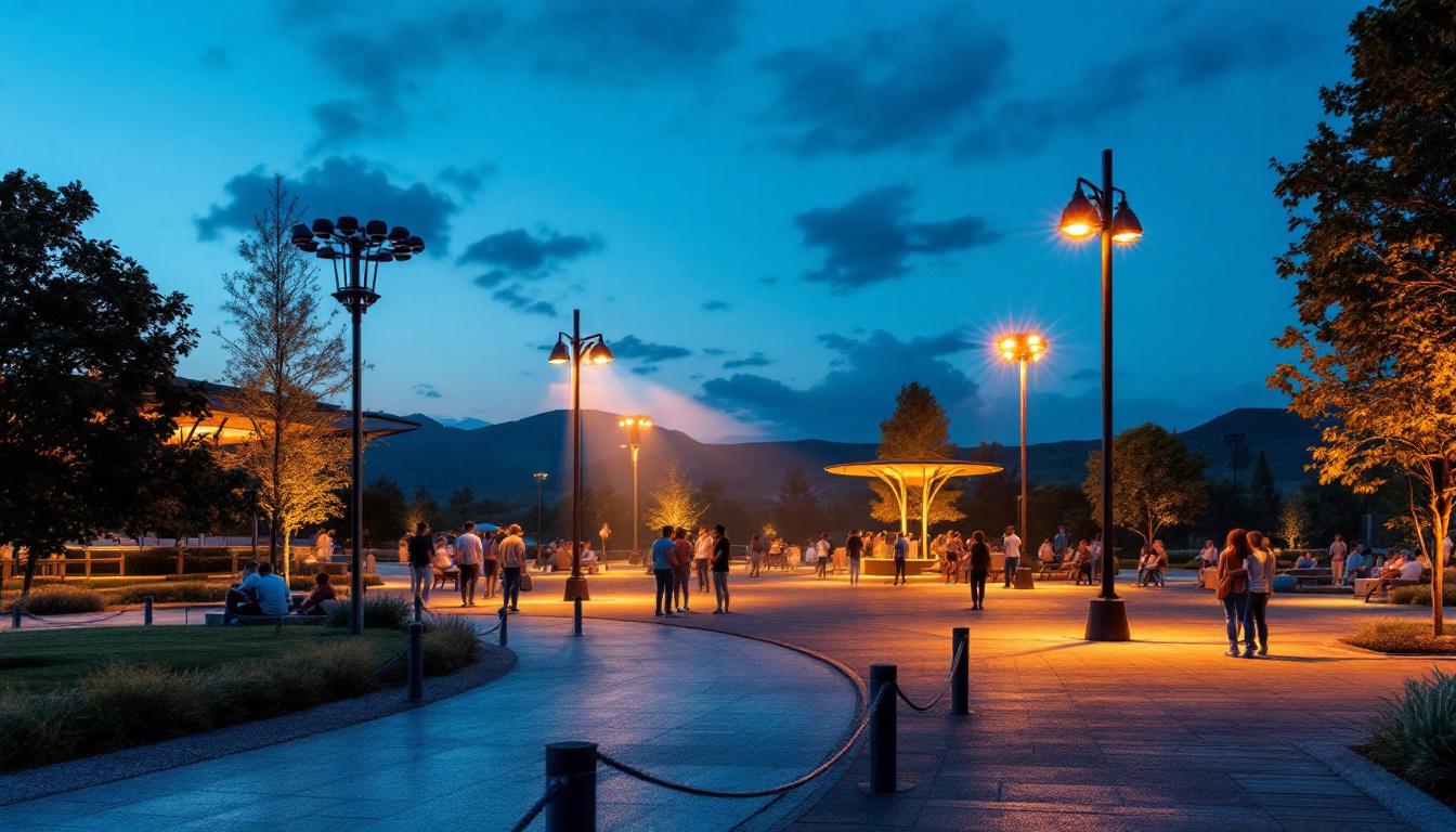 A photograph of a beautifully illuminated outdoor arena at dusk