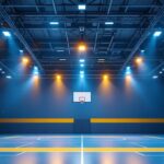 A photograph of a well-lit gymnasium showcasing a variety of modern light fixtures in action