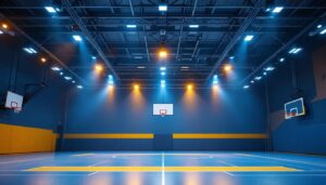 A photograph of a well-lit gymnasium showcasing a variety of modern light fixtures in action